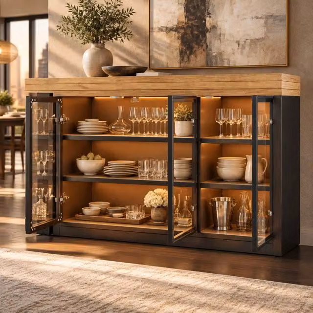 Tavolo da pranzo estensibile 120-197 cm nero MDF e vetro; mobile laterale