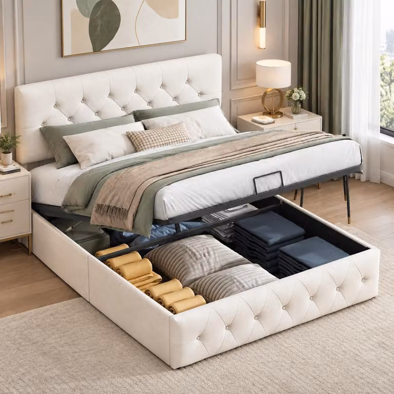 Letto idraulico INONEFT, 140 x 200 cm, con struttura imbottita, contenitore e rete a listelli, letto matrimoniale con poggiatesta regolabile in altezza, rivestito in velluto, colore pesca