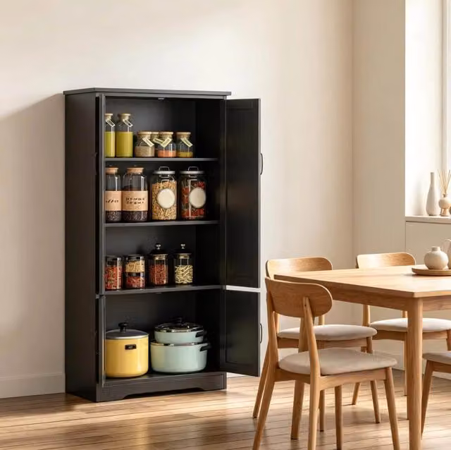 Mobile da cucina ULEVR 60x30x123 cm con 4 ante e 3 ripiani, armadio contenitore nero in MDF