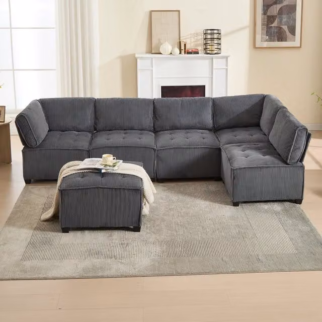 Divano angolare modulare WISHDOR da 6 posti in tessuto corduroy grigio con funzione letto e cuscini inclusi