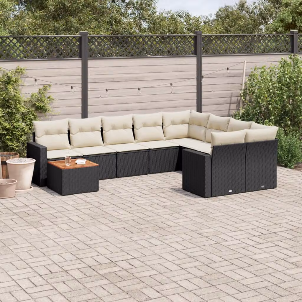 vidaXL Set Divani da Giardino a L 10pz in Polyrattan Nero con Cuscini e Tavolino da Esterno – 1