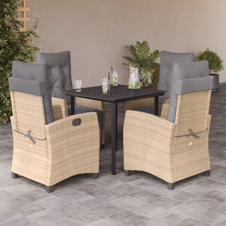 Set Pranzo da Giardino vidaXL in Polyrattan con Cuscini e Tavolo in Vetro, 5 Pezzi, Colore Beige Misto
