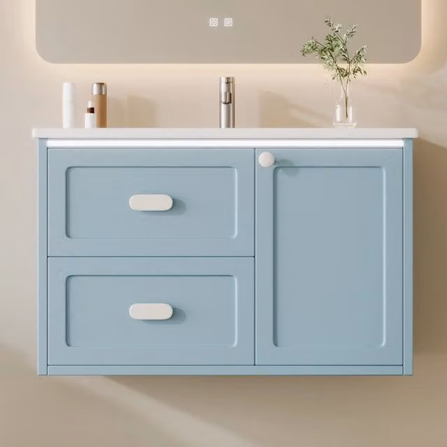 Mobile bagno sospeso blu 76x46x51 cm con lavabo in ceramica integrato e illuminazione LED a sensore