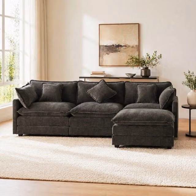 Divano 3 posti in ciniglia con pouf mobile e chaise longue a L componibile; grigio scuro