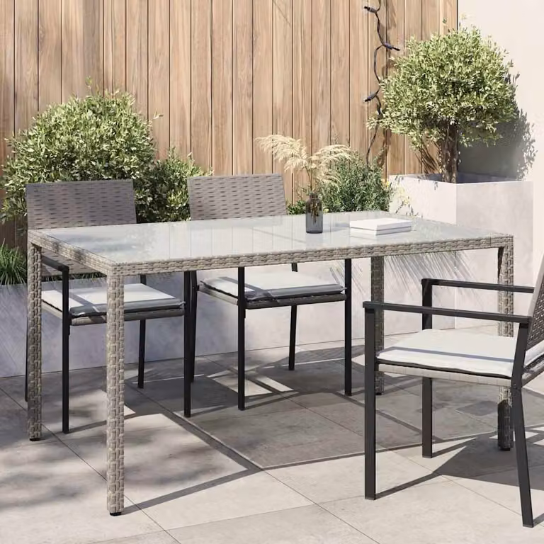 Tavolo da giardino rettangolare vidaXL in polyrattan e vetro temperato grigio L/P/H: 150 x 90 x 75 cm