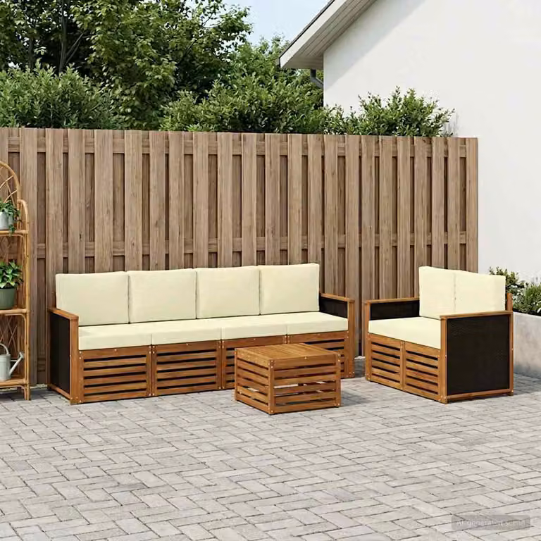 vidaXL Set di divani da esterno 7 pz in legno di acacia con cuscini, beige, bianco e marrone