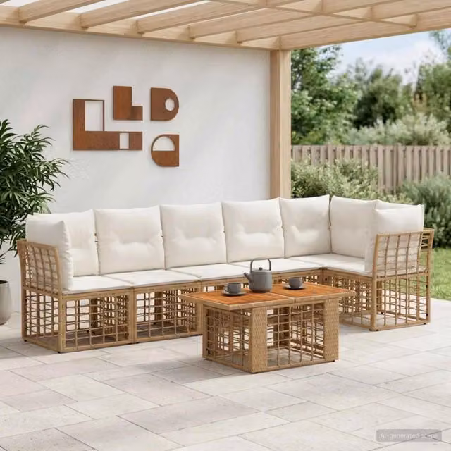 Set Divano da Giardino 7 pz Naturale e Bianco Crema polyrattan 3437866