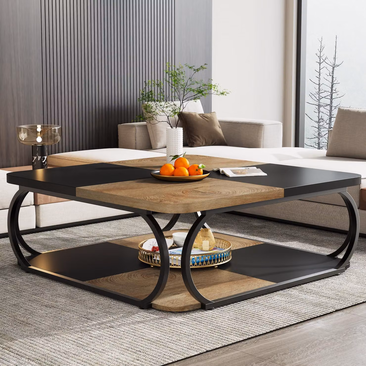 Tavolino quadrato Tribesigns, tavolo in legno grande 100 cm, tavolino basso a 2 livelli in stile country con struttura in metallo, nero/marrone chiaro
