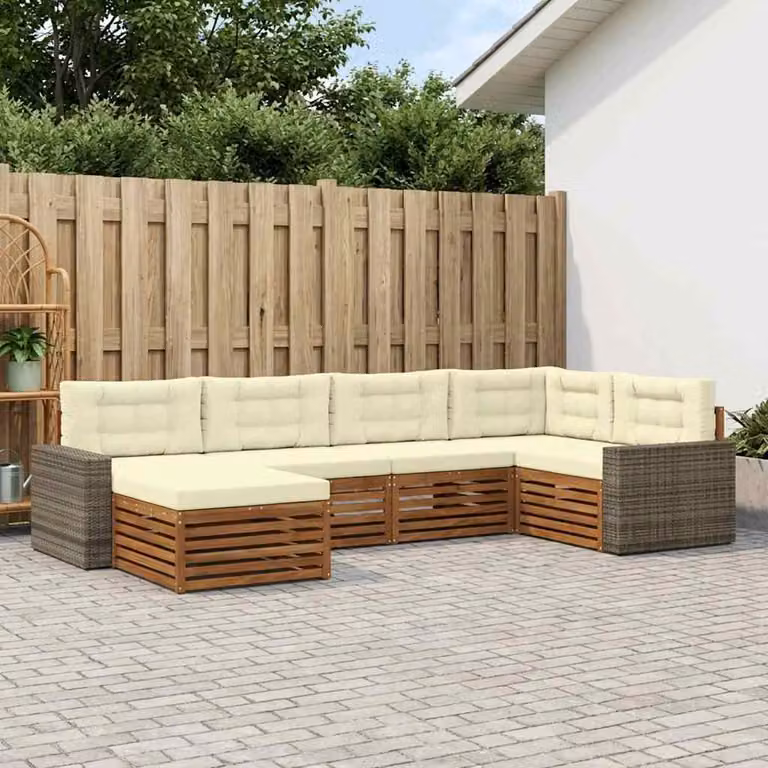 Set di divani da esterno vidaXL 6 pz a forma di L in legno di acacia con cuscini, colore naturale e crema