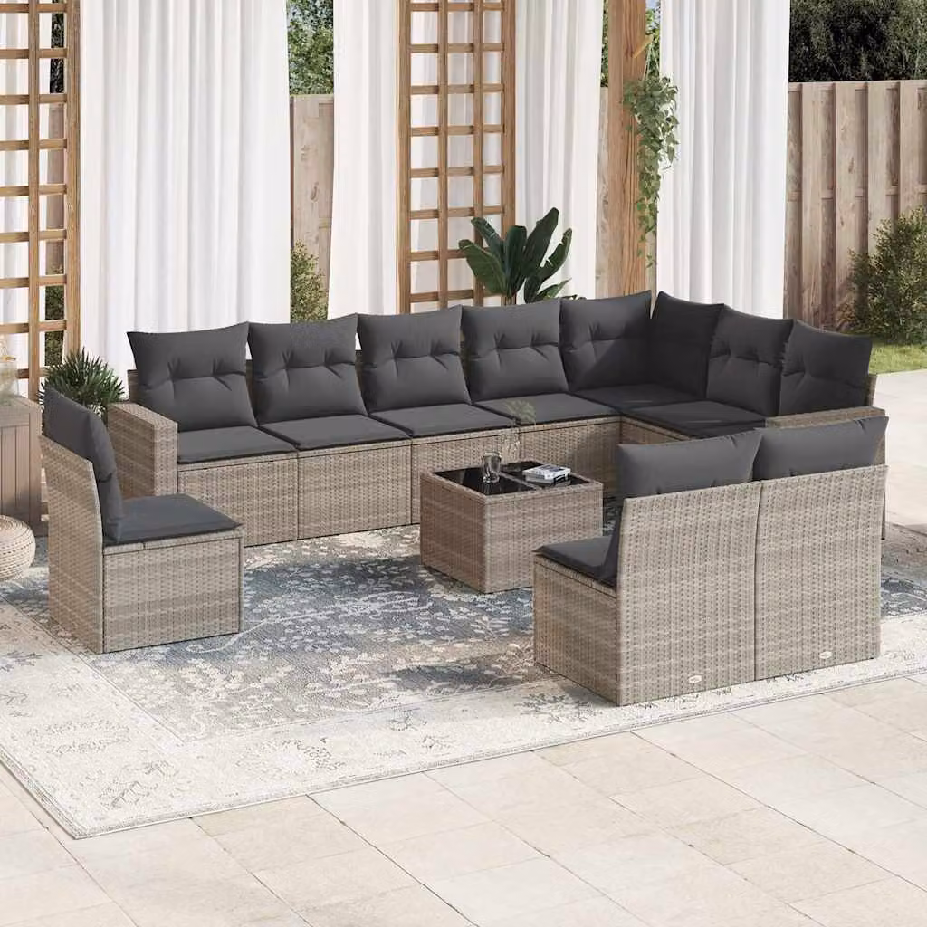 Set di divani da giardino vidaXL 11 pezzi in polyrattan grigio con cuscini e tavolino da esterno – 1