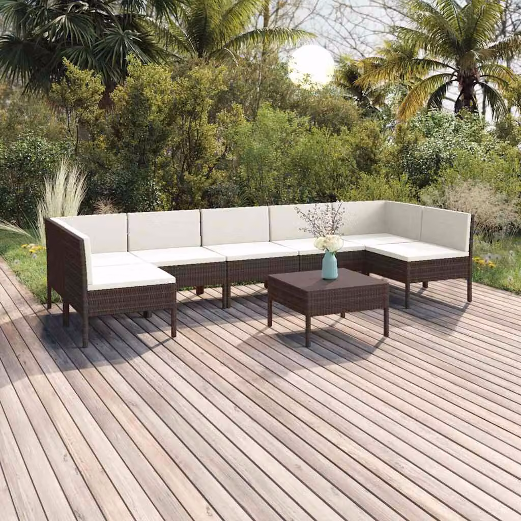 vidaXL Set Divani da Giardino 8 pz a Forma a L con Tavolino e Cuscini Marrone e Bianco
