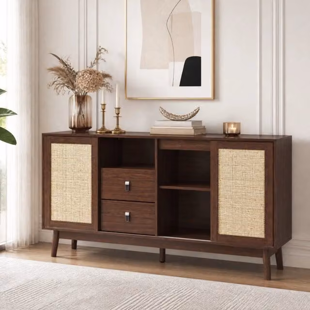 Sideboard con 3 ante scorrevoli in rattan e 2 cassetti; 155x38x80 cm; effetto legno
