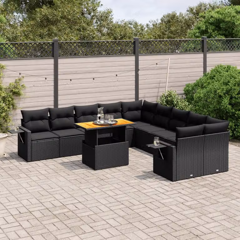 vidaXL Set Divani da Giardino a L 11 pz in Polyrattan Nero con Cuscini e Tavolino da Esterno