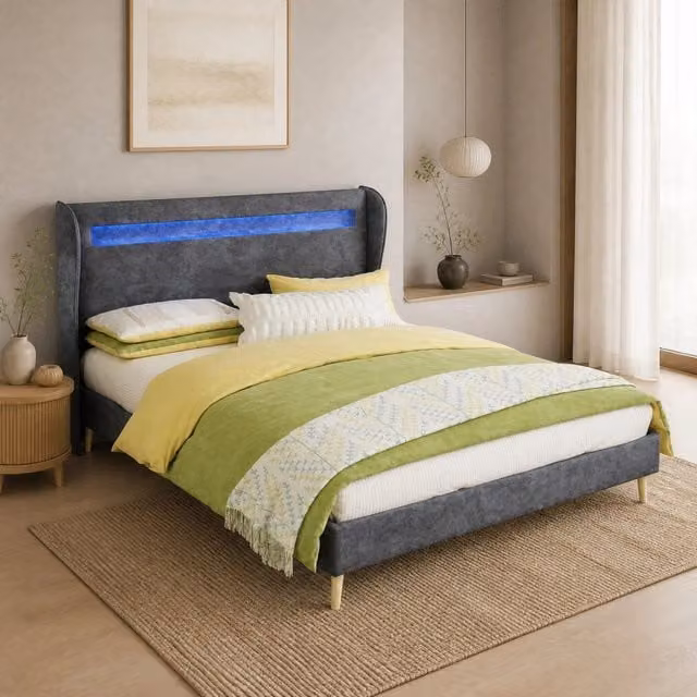 Letto imbottito 140 × 200 cm con testiera LED regolabile in tessuto e metallo grigio a piattaforma
