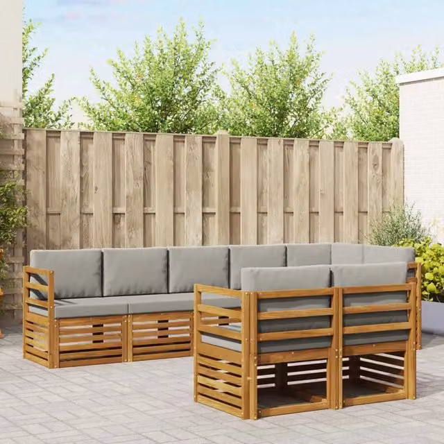 Set di divani da esterno a L vidaXL in legno di acacia con cuscini beige e grigi