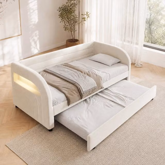 Letto imbottito ULEVR 90x200 cm con letto estraibile e illuminazione LED multicolore, beige