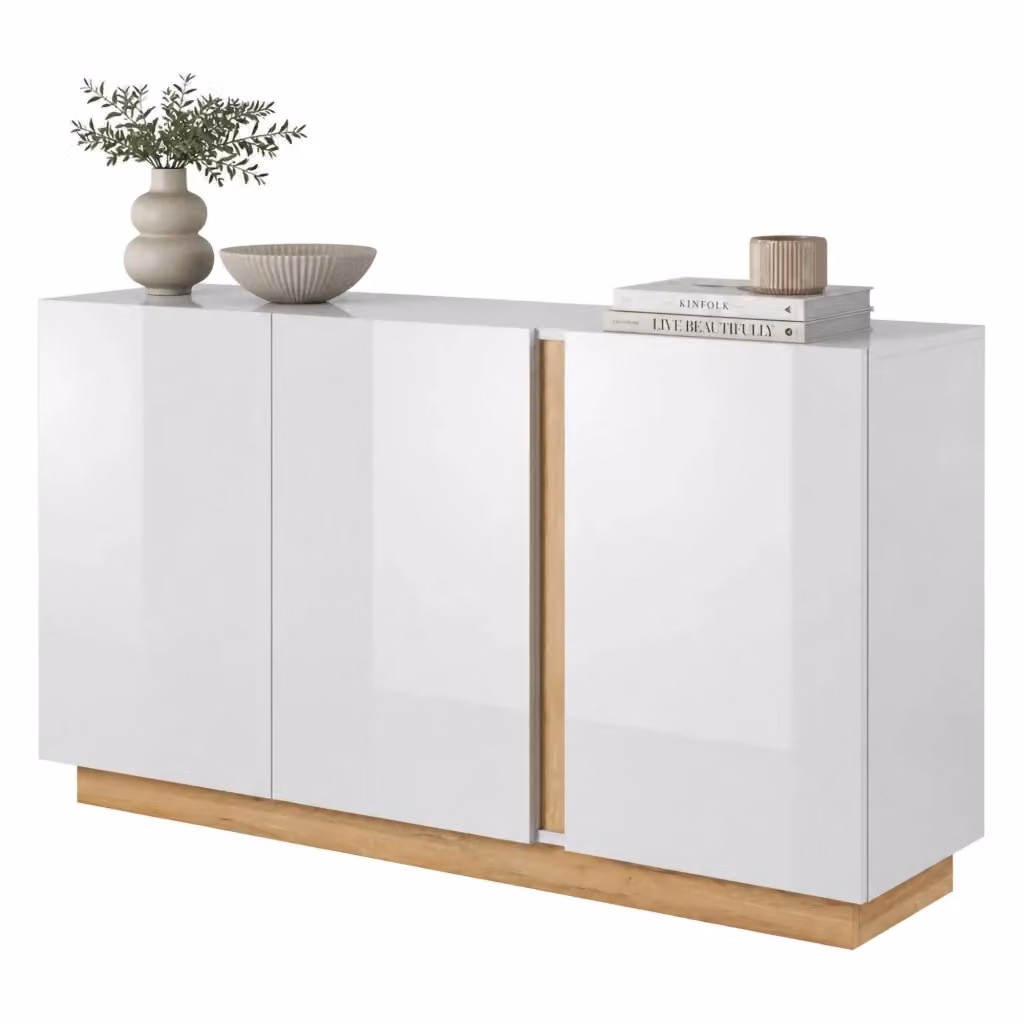 Madia Hala DMORA con 3 ripiani, design moderno, L/P/H: 138 x 40 x 91 cm, Bianco Lucido – 2