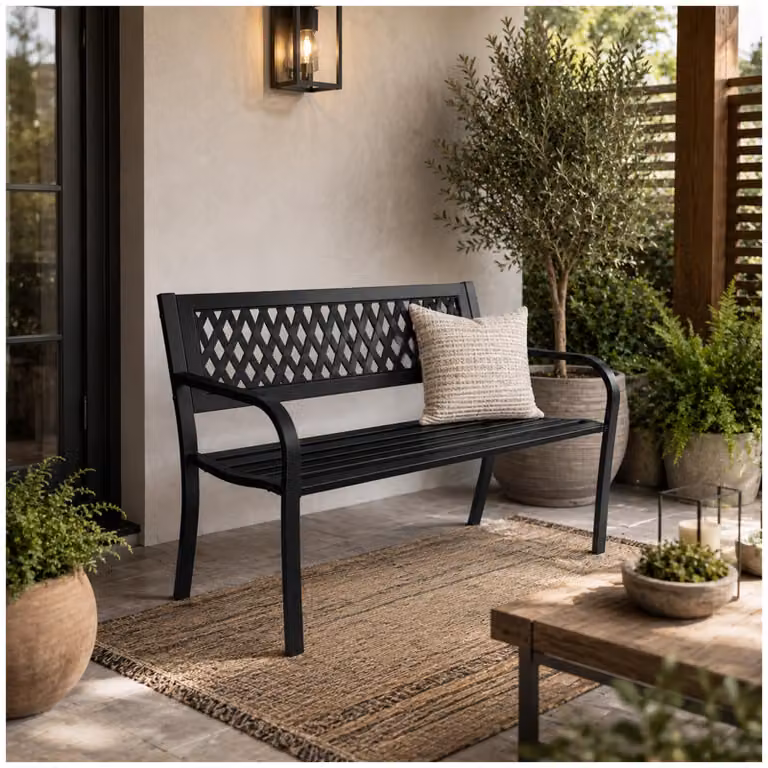 Panca da giardino Venera, in metallo, color nero, ideale per terrazzi e aree esterne coperte