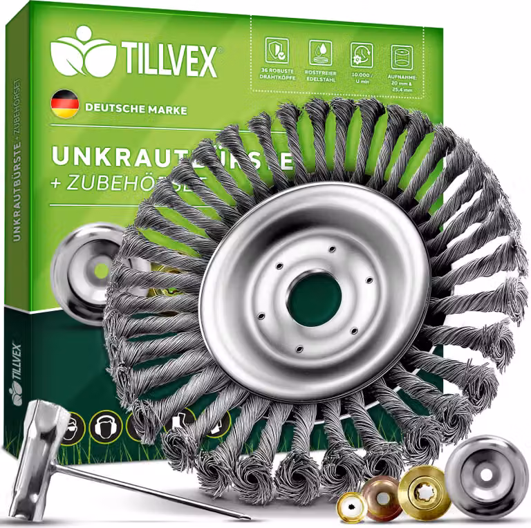 tillvex® spazzola professionale per decespugliatori e decespugliatori | spazzola per erbacce con foro da 25,4 e 20 mm | spazzola metallica per una rimozione efficace delle erbacce | spazzola con accessori di montaggio inclusi