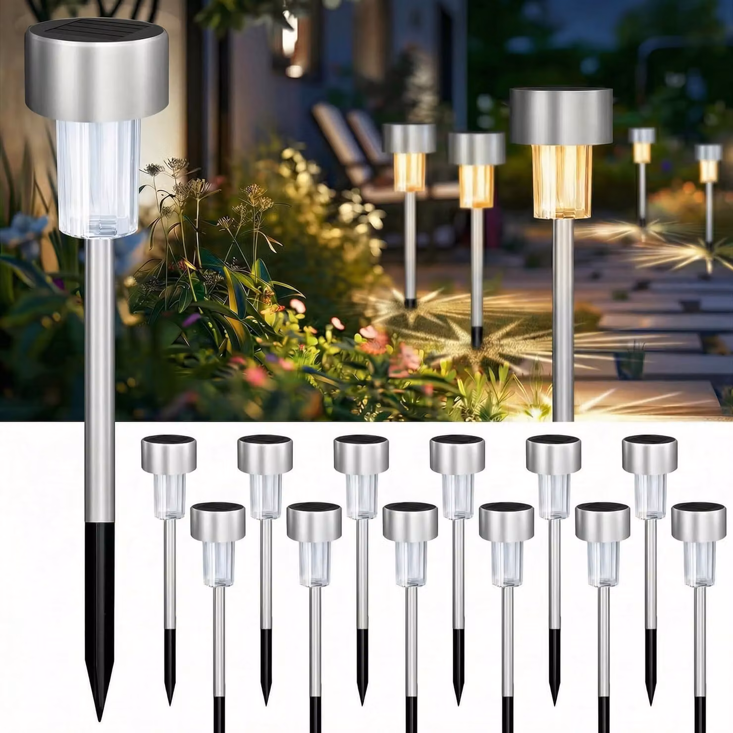 12 luci da giardino solari, in acciaio inossidabile, con LED, luce bianco caldo, impermeabili