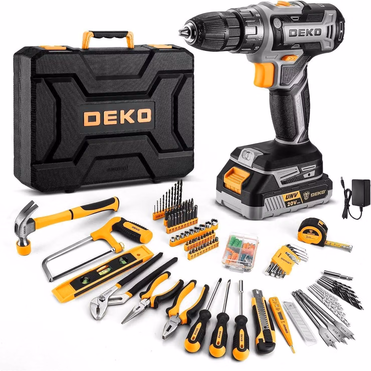 Kit di attrezzi da 186 pezzi con avvitatore a batteria da 20V, colore grigio