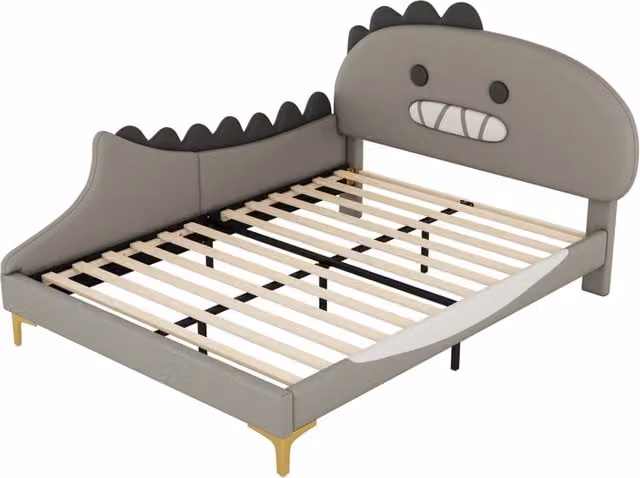 Letto per bambini 140x200 cm con design dinosauro in PU e MDF, colore grigio