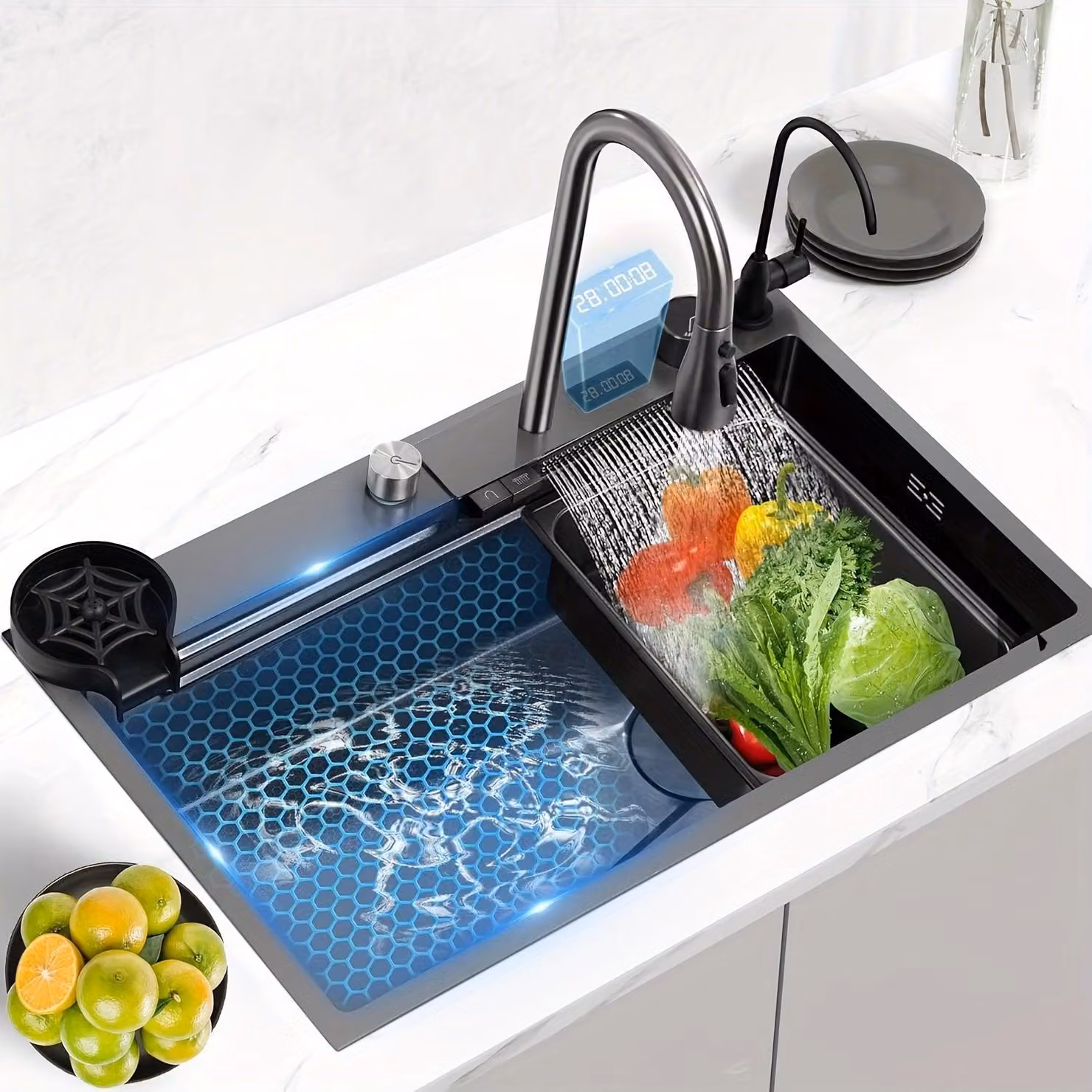 Lavello a cascata – Lavello singolo – Lavello da cucina in acciaio inossidabile – Display integrato – Rubinetto estraibile