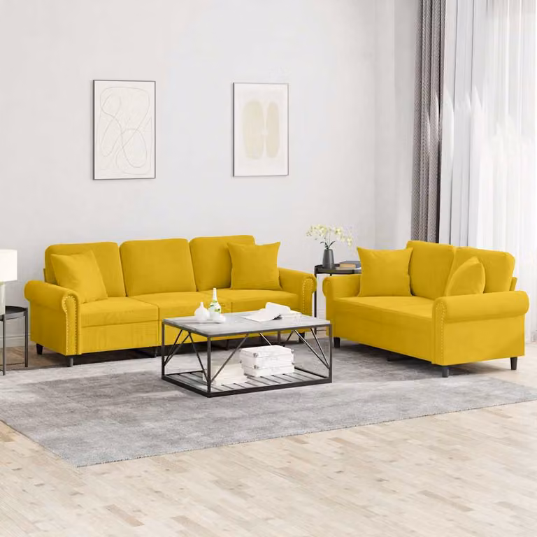 Set di 2 divani vidaXL in velluto giallo con cuscini per soggiorno in stile moderno