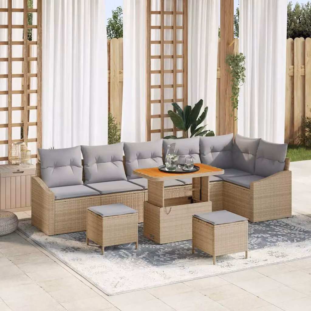 Set Divano da Giardino vidaXL 9 Pezzi in Polyrattan Beige con Cuscini e Tavolino da Esterno – 1