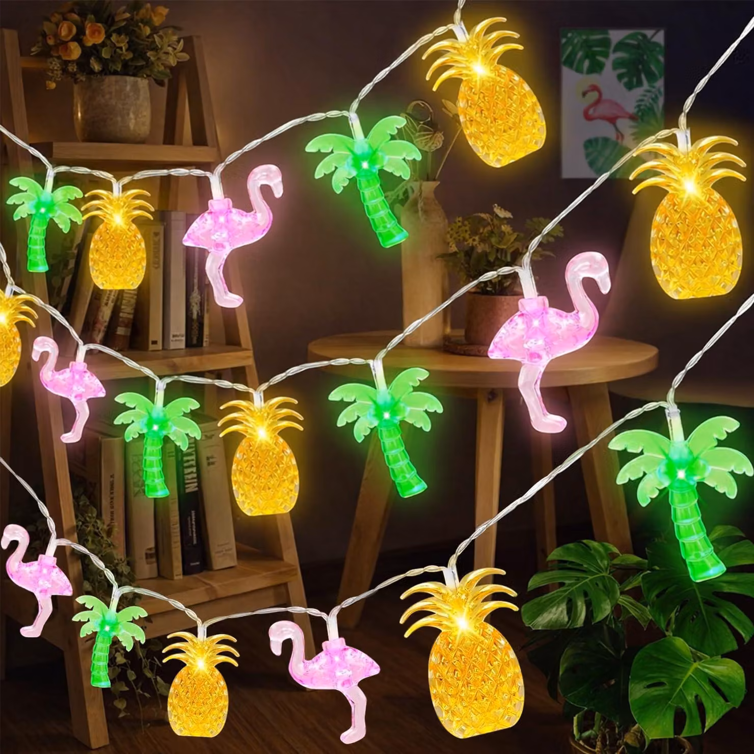 Catena luminosa a LED, tema hawaiano, 3 metri, 20 LED, con decorazioni di ananas, fenicotteri e palme
