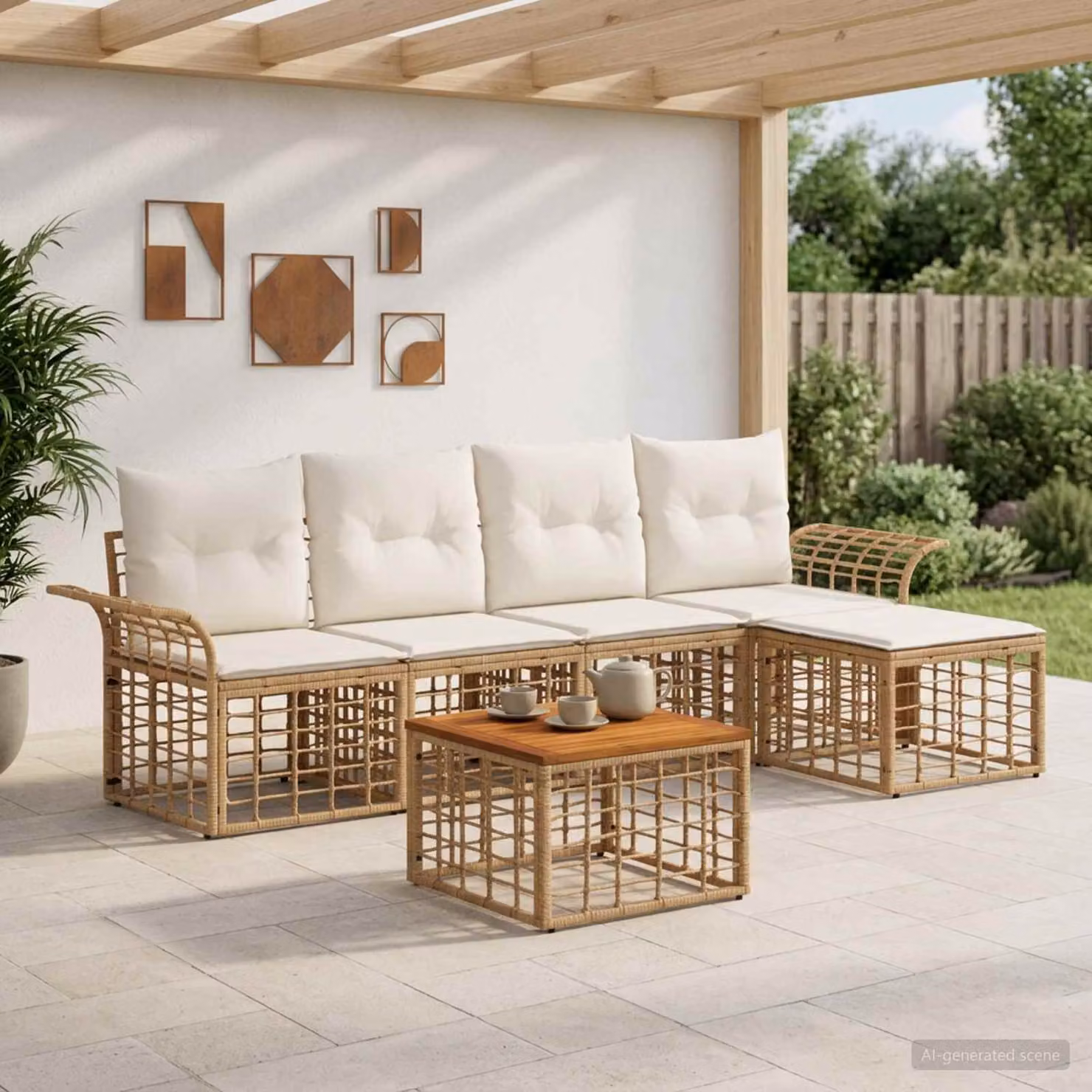 Set di divani da esterno vidaXL 6 pezzi per 5 persone in rattan e metallo, colore Naturale e Bianco Crema