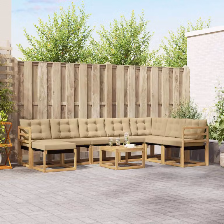 vidaXL Set di divani da esterno 9 pz a forma di L in legno di acacia con cuscini Bianco, Beige e Marrone