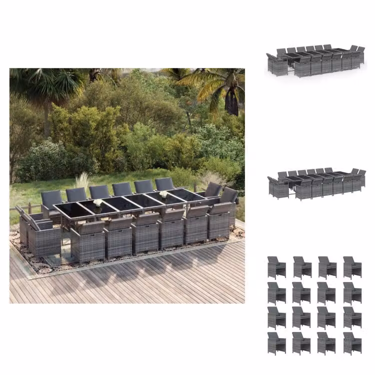 vidaXL set da pranzo da giardino 17 pezzi con cuscini in poly rattan grigio - Set di mobili da giardino