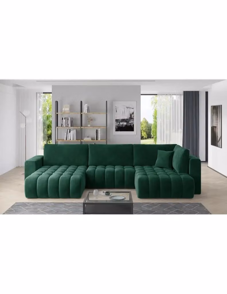 Divano ad angolo convertibile BONITA MEUBLORAMA verde con effetto velluto, 6 posti, lato sinistro, L 350 cm x P 175 cm – 2