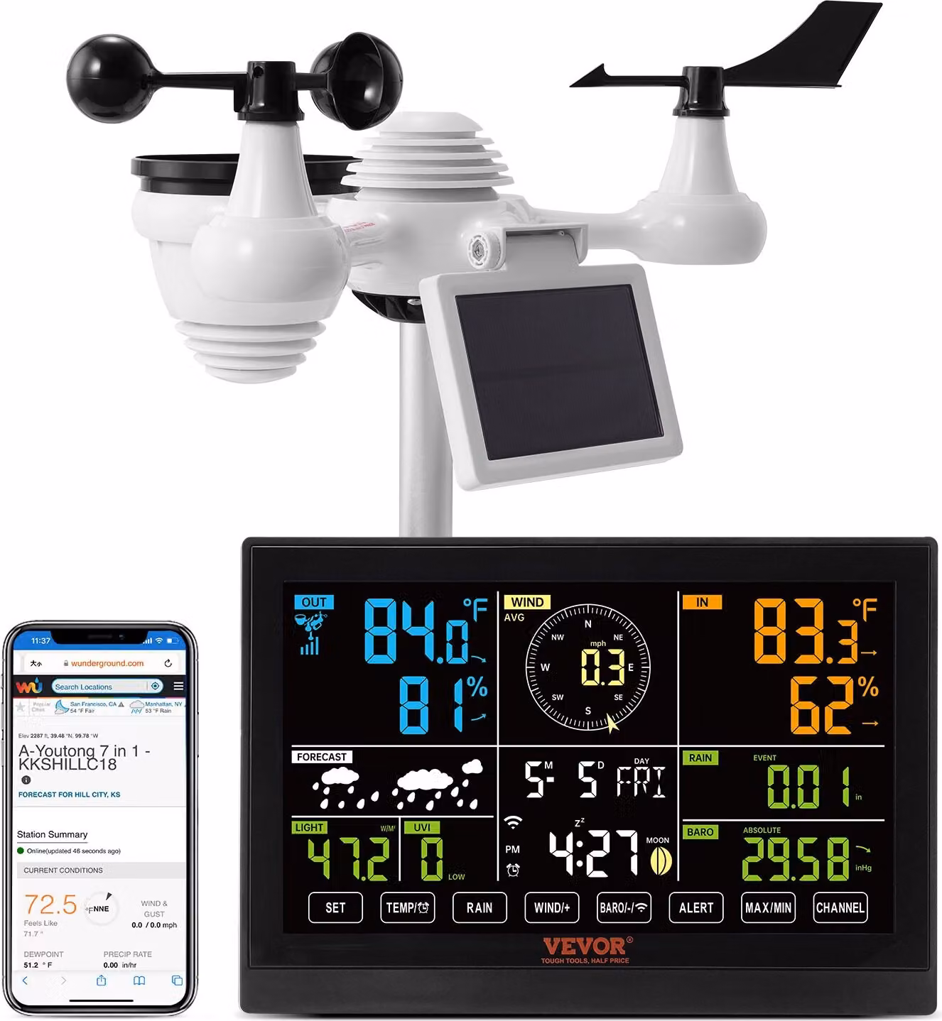 Stazione meteo professionale WLAN 7-in-1 ad energia solare Display da 7,5 pollici Portata di trasmissione 150 m Sensore esterno per la velocità del vento Direzione del vento Temperatura Umidità Precipitazioni