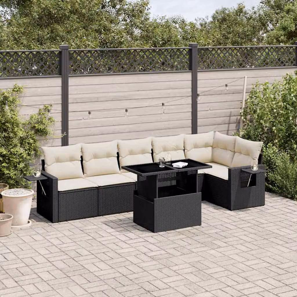 Set Divani da Giardino vidaXL a Forma di L in Polyrattan Nero con Cuscini e Tavolino da Esterno – 1