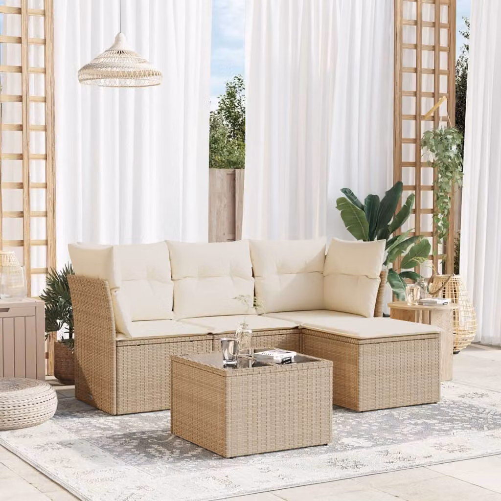vidaXL Set Divano da Giardino a L 5 pz in Polyrattan con Cuscini Beige e Tavolino – 1