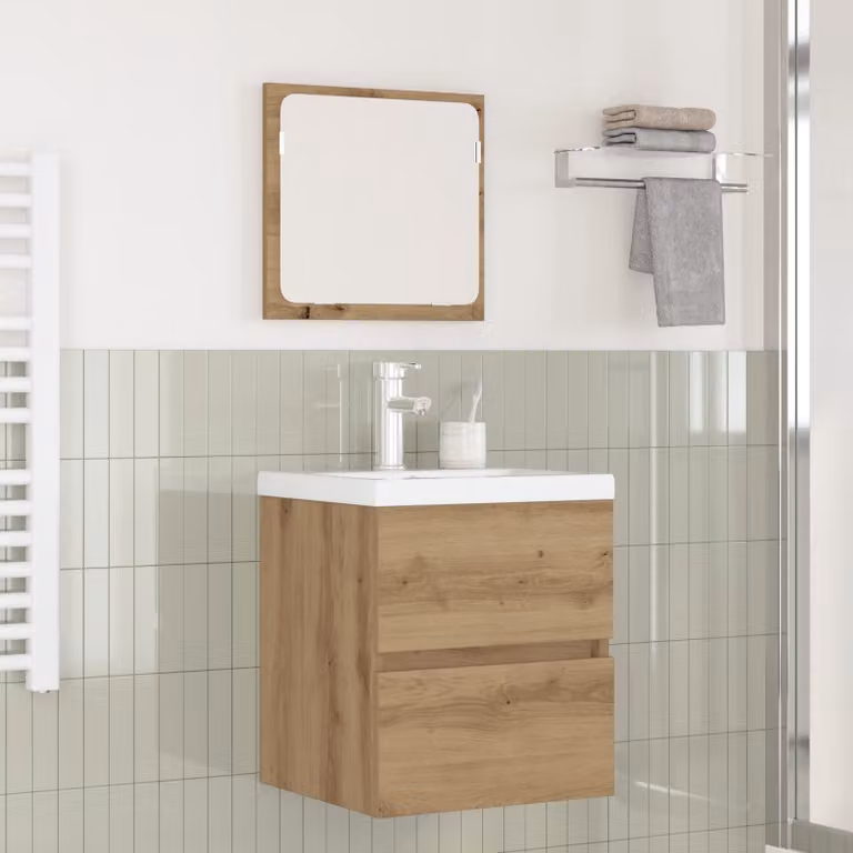 Set di mobili per il bagno moderno vidaXL composto da mobile lavabo e pensile con specchio in rovere e bianco