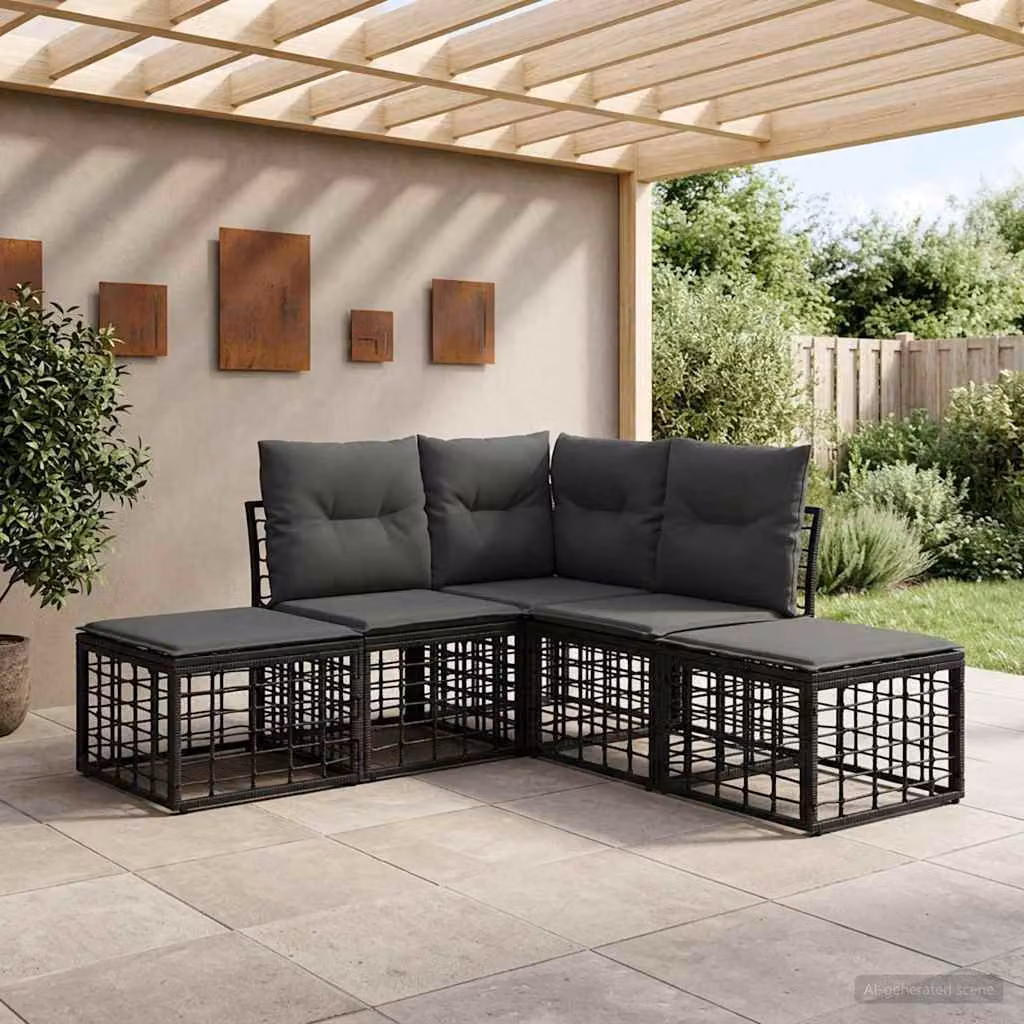 Set di divani da esterno a L vidaXL in polyrattan nero con pouf e cuscini inclusi