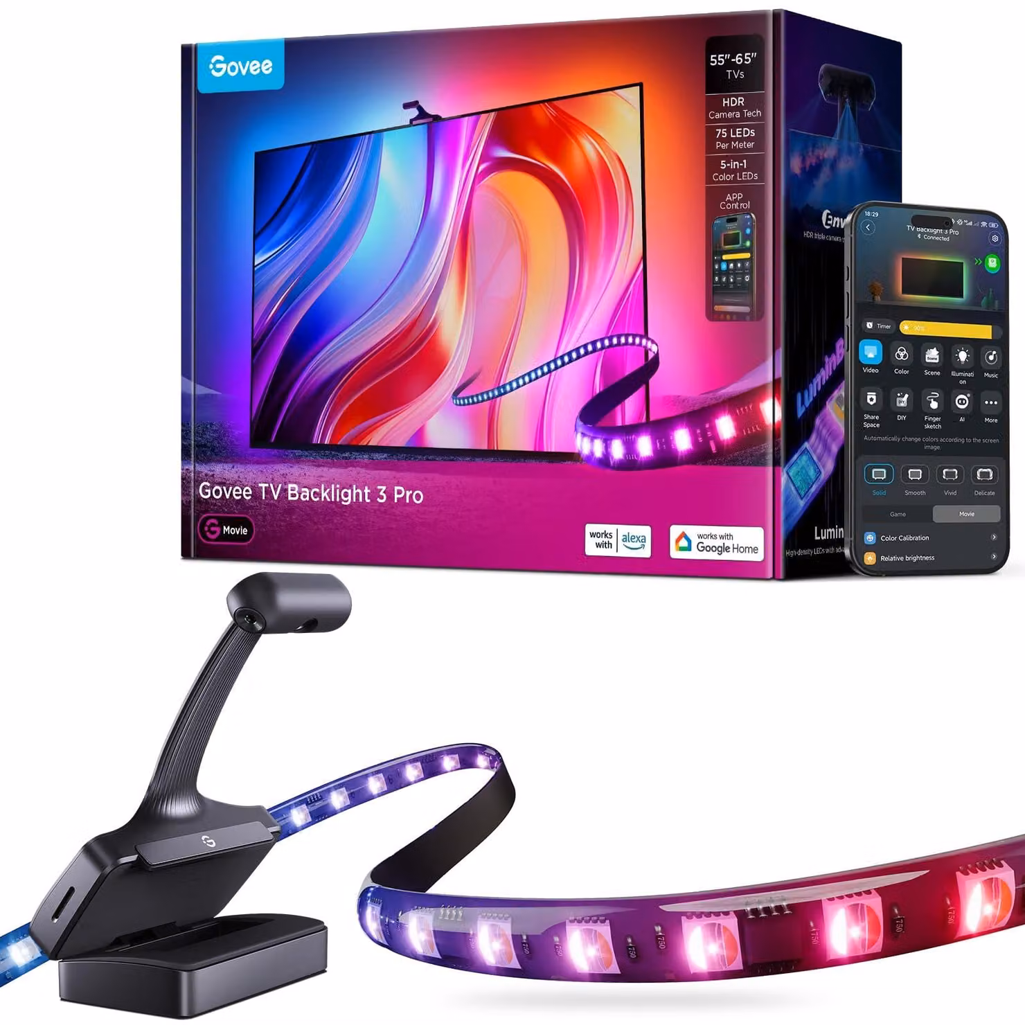 Striscia LED per TV, 3,6 metri, 5-in-1 RGBWWIC, compatibile con schermi da 55-65 pollici, 75 LED al metro, con fotocamera HDR