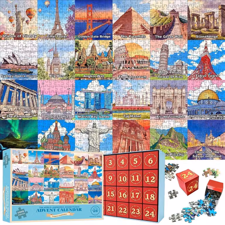 Calendario dell'Avvento a tema architettura mondiale, puzzle da 1008 pezzi, 24 giorni, dimensioni 70x50 cm
