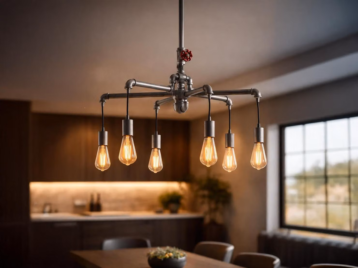 Lampadario AMARCORD in stile industriale con tubi dell'acqua, grigio, a 6 luci