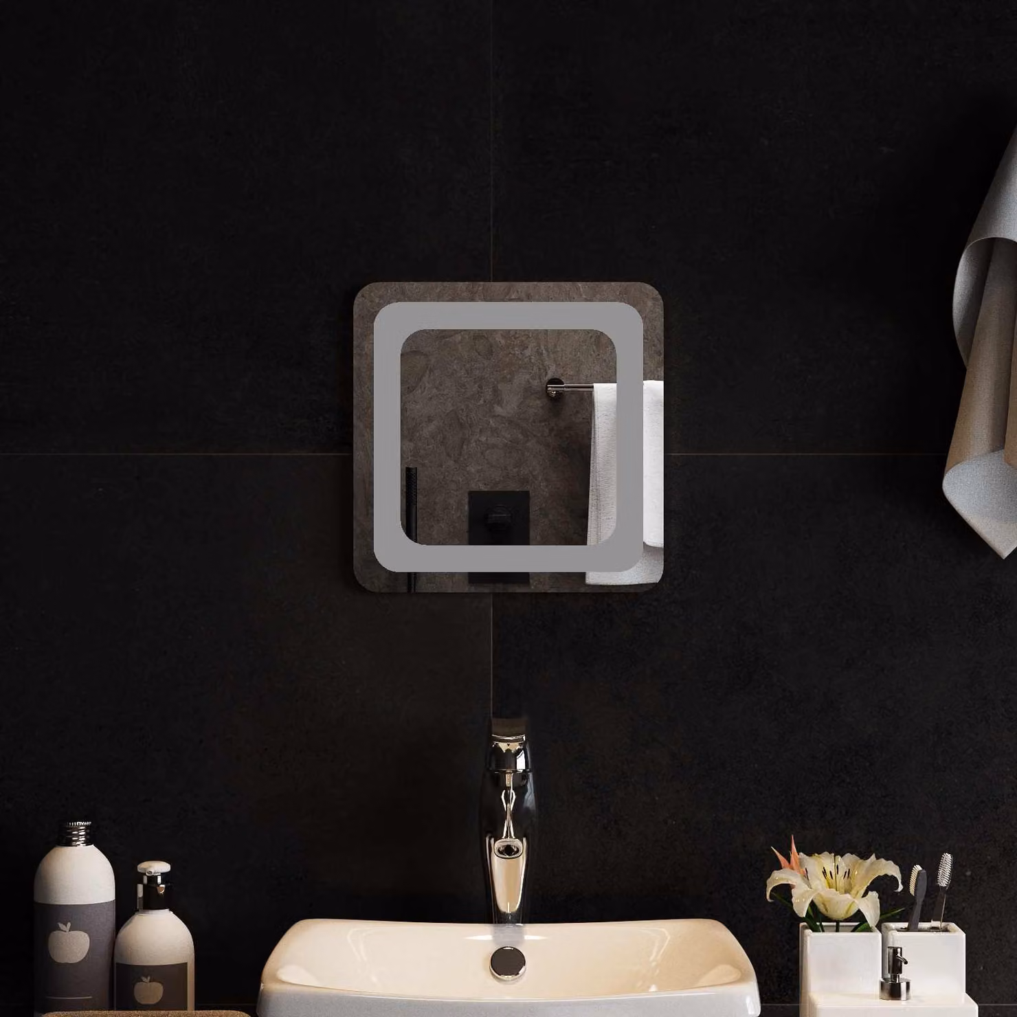 Specchio da bagno moderno vidaXL con luce LED in vetro temperato trasparente, L 30 cm x P 30 cm x H 30 cm