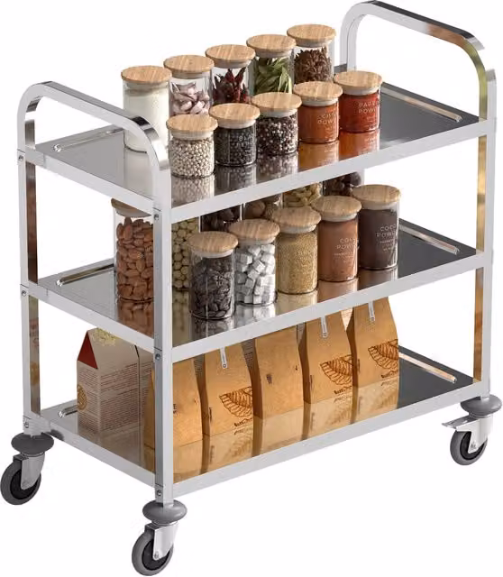 Carrello da cucina XYLO con 3 ripiani in metallo argentato e ruote L: 90,5 cm, P: 50,5 cm, H: 88,2 cm – 1