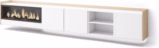 Mobile TV Soggiorno, 315x50x35 cm, Per TV fino a 80", Camino elettrico XXL, Sospeso, da appendere, LED, Bianco e Rovere soft