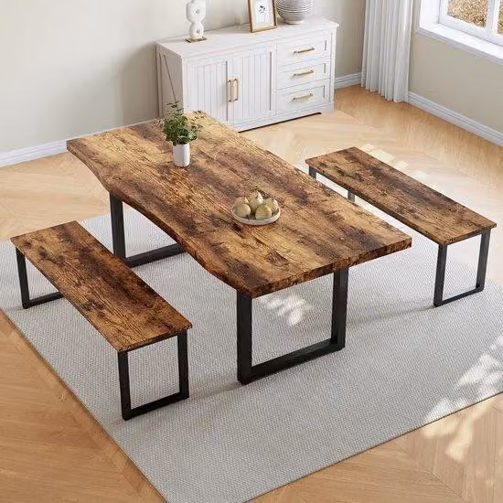 Tavolo da pranzo con panche - Set per la sala da pranzo - Per mangiare insieme - Design rustico ispirato al golf - 160x75 cm - Legno rustico