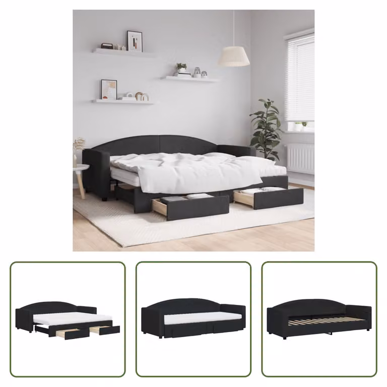 The Living Store Lettino allungabile con cassetti nero 80x200 cm in tessuto