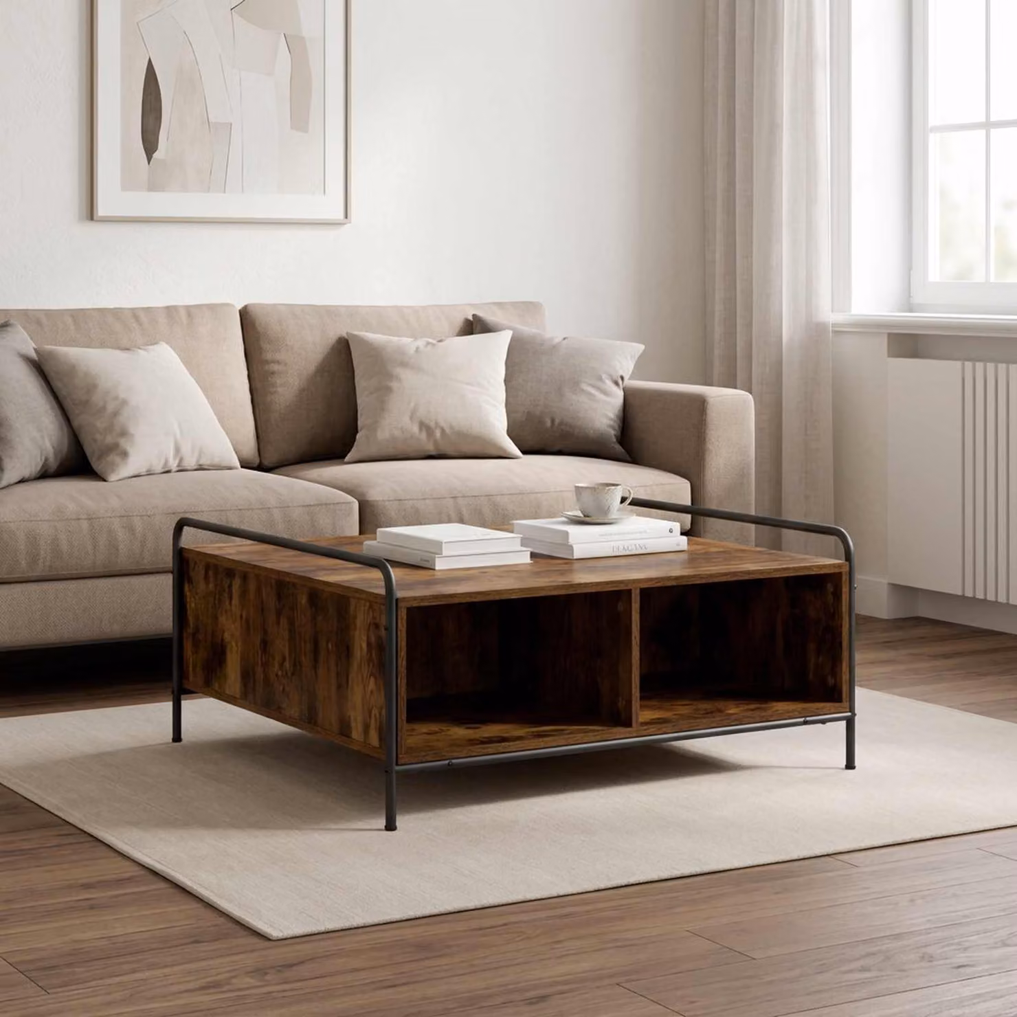 Tavolino da salotto moderno vidaXL in rovere fumo e metallo, L/P/H: 90 x 90 x 41 cm