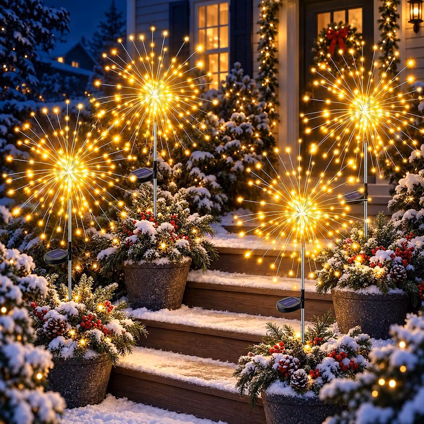 Set di 4 luci solari, 120 LED, luce bianca calda, grado di protezione IP65, 8 modalità