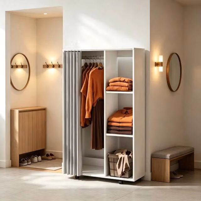 Armadio guardaroba moderno in MDF bianco con anta a rullo, asta appendiabiti e vani aperti, L/P/H: 80 x 40 x 128 cm – 1